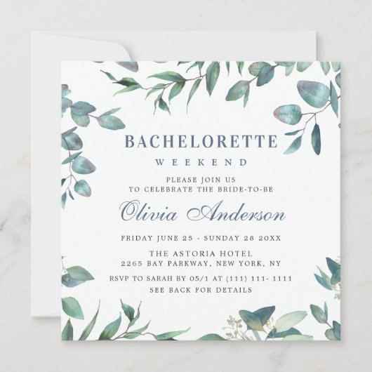 Invitation Elégant Eucalyptus Green Bachelorette Week-end (Devant)
