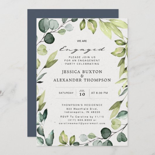 Invitation Elégant Eucalyptus Green Engagement Party (Devant / Derrière)