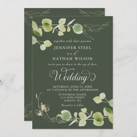 Invitation Elegant Eucalyptus Greenery Double-Sided Wedding (Devant / Derrière)