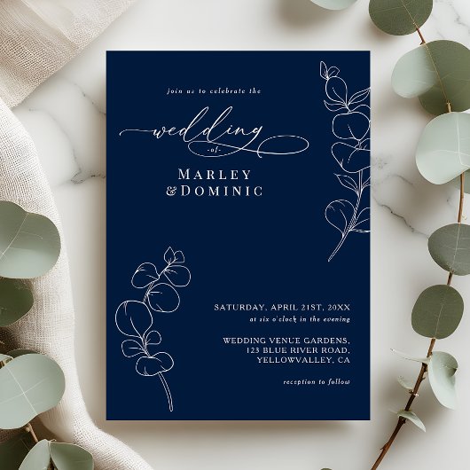Invitation Elegant Eucalyptus Greenery Navy Blue Wedding