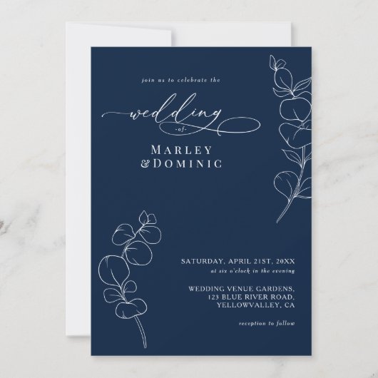 Invitation Elegant Eucalyptus Greenery Navy Blue Wedding (Devant)