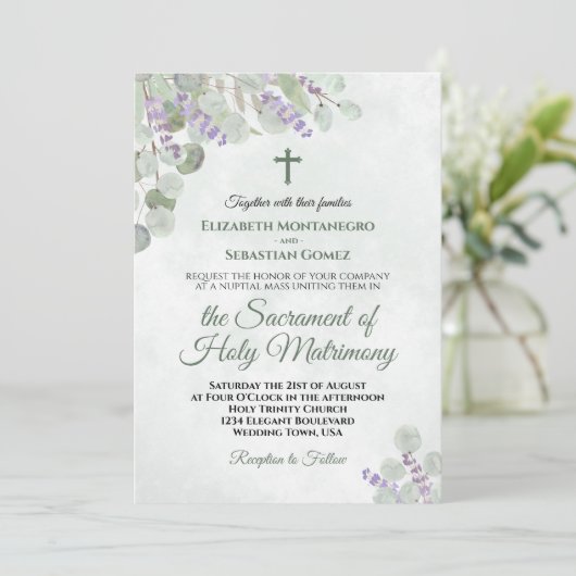 Invitation Elégant Eucalyptus & Lavender Mariage catholique (Debout devant)