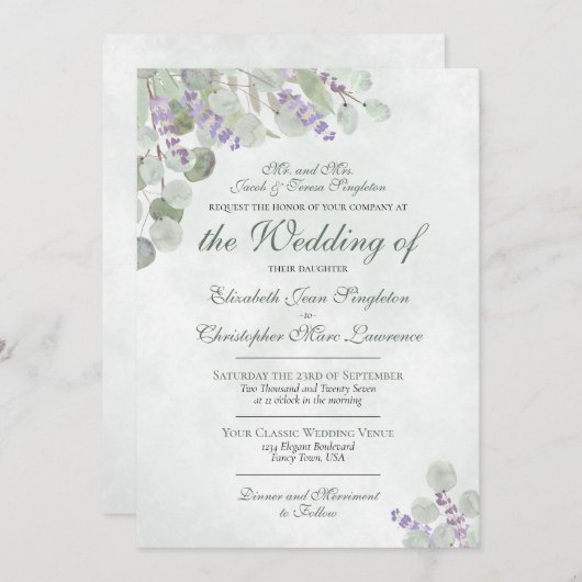 Invitation Elégant Eucalyptus & Lavender Mariage formel (Devant / Derrière)