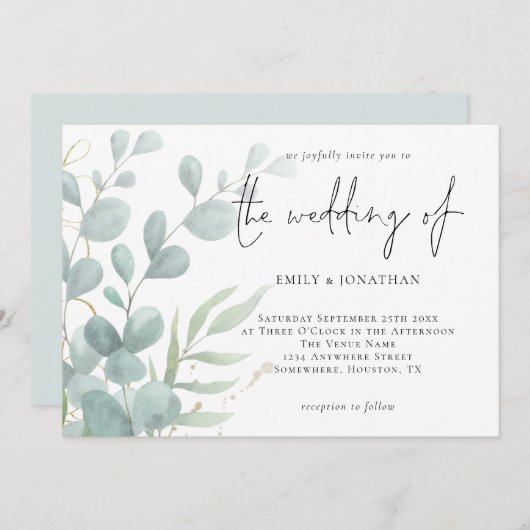 Invitation Élégant Eucalyptus Mariage bleu Poudre Invi (Devant / Derrière)