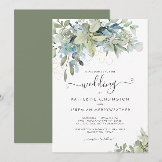 Invitation Élégant Eucalyptus Mariage de script de verdure (Devant / Derrière)