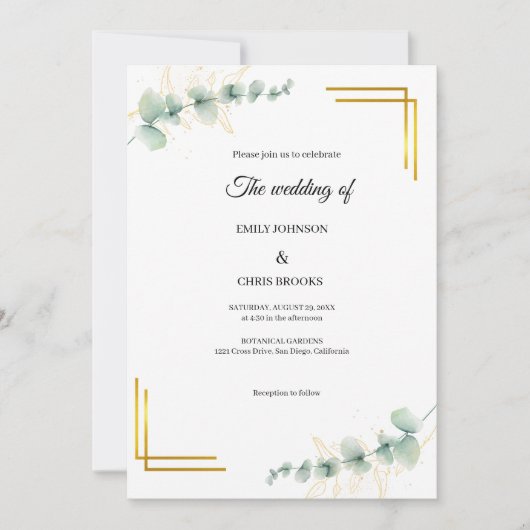 Invitation Élégant Eucalyptus Mariage Or (Devant)