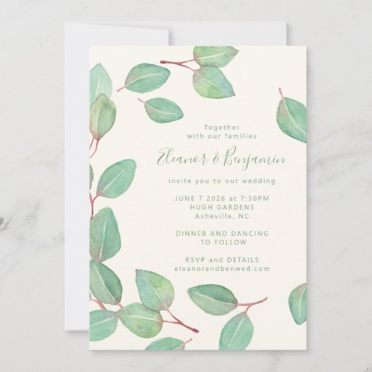 Invitation Élégant Eucalyptus Mariage Script (Devant)