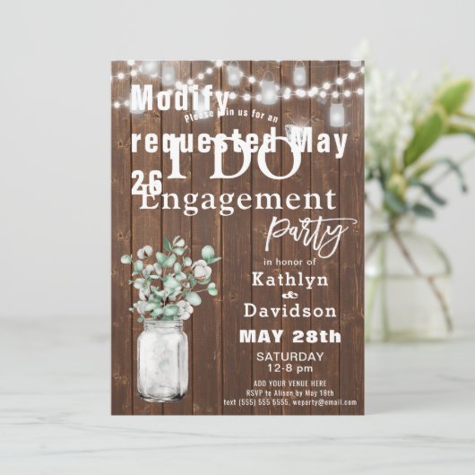 Invitation Elégant Eucalyptus Mason Jar I DO Engagement Party (Debout devant)