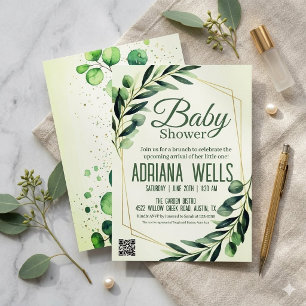 Invitation élégant Eucalyptus & Or Géométrique Baby Shower