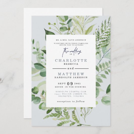 Invitation Elégant Eucalyptus Parents Dusty Blue Mariage Inv (Devant / Derrière)