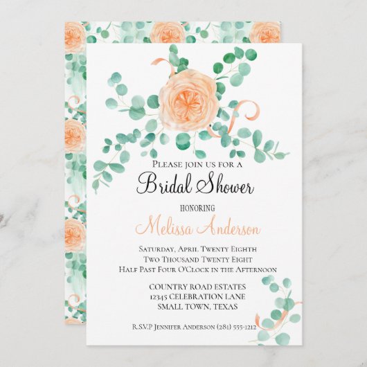 Invitation Elégant Eucalyptus Peach Floral (Devant / Derrière)