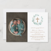 Invitation Elégant Eucalyptus Photo Gold Cross Baptême (Devant)