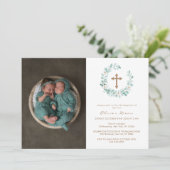 Invitation Elégant Eucalyptus Photo Gold Cross Baptême (Debout devant)