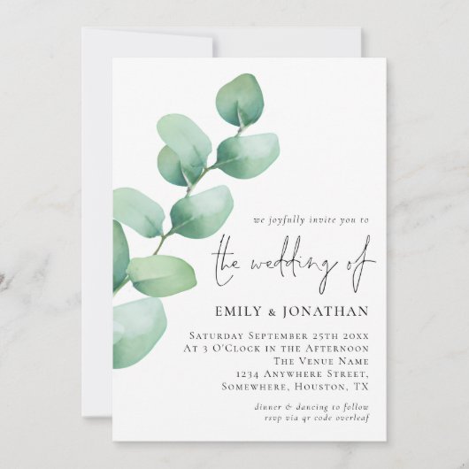 Invitation Élégant Eucalyptus QR Code Mariage de script (Devant)