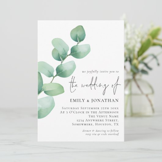 Invitation Élégant Eucalyptus QR Code Mariage de script (Debout devant)