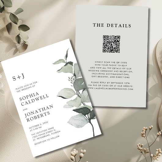 Invitation Elégant Eucalyptus QR Code Sage Mariage