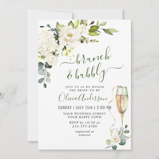 Invitation Elégant Eucalyptus Roses Blanches Brunch & Bubbly (Devant)