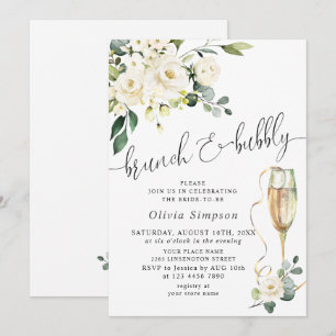 Invitation Élégant Eucalyptus Roses Blanches Brunch & Bulles