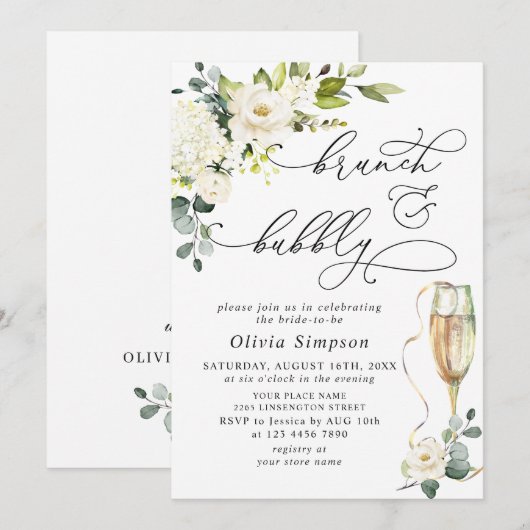Invitation Élégant Eucalyptus Roses Blanches Brunch & Bulles (Devant / Derrière)