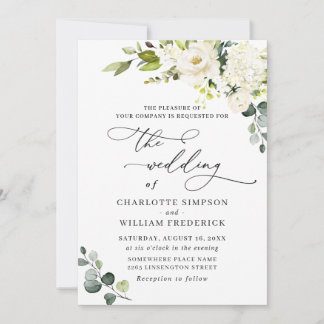 Invitation Elégant Eucalyptus Roses Blanches Mariage de verdu