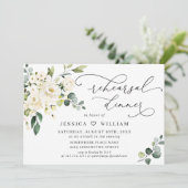 Invitation Elégant Eucalyptus Roses Blanches RÉPÉTITION DÎNER (Debout devant)