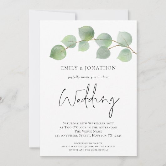 Invitation Elégant Eucalyptus Script 3 photo QR Code Mariage (Devant)