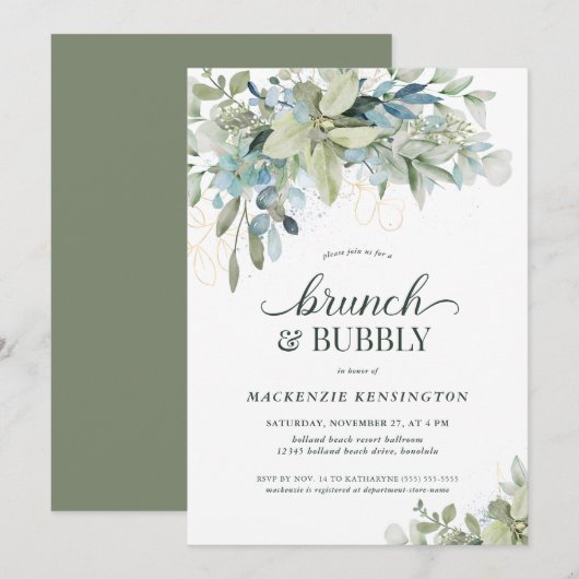 Invitation Elégant Eucalyptus verdure Brunch Bubbly (Devant / Derrière)