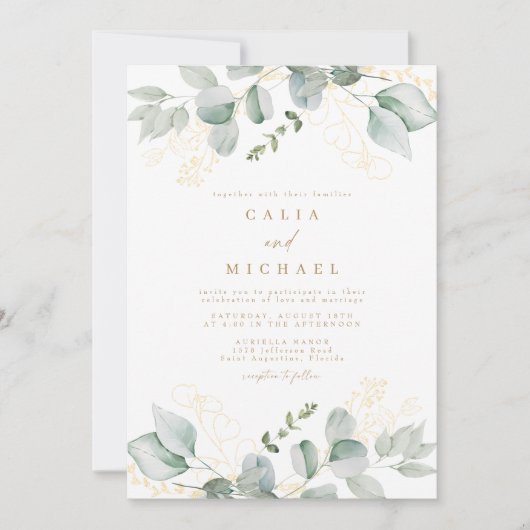 Invitation Elégant Eucalyptus Verdure et Mariage Or (Devant)
