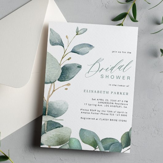 Invitation Elégant eucalyptus verdure feuillage douche nuptia