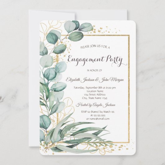 Invitation Elégant Eucalyptus Verdure Gold Frame Fiançailles (Devant)