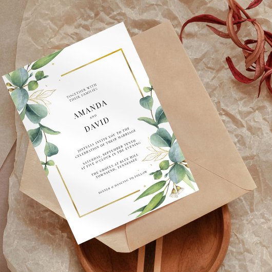 Invitation Elégant Eucalyptus Verdure Gold Frame Mariage