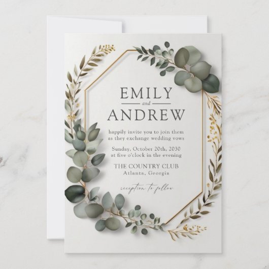 Invitation Elégant Eucalyptus Verdure Gold Frame Mariage (Devant)