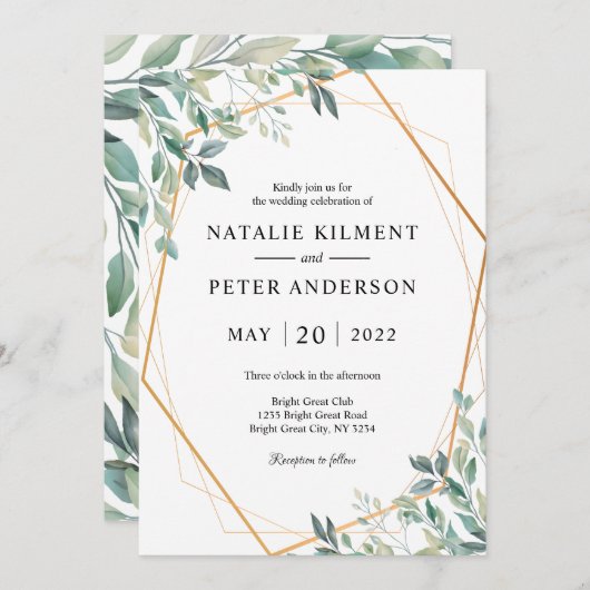 Invitation Elégant Eucalyptus Verdure Gold Frame Mariage (Devant / Derrière)