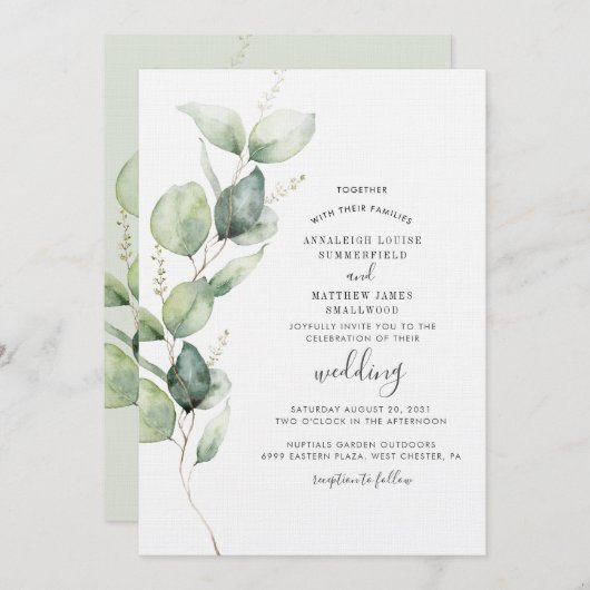 Invitation Elégant Eucalyptus Verdure Mariage moderne (Devant / Derrière)