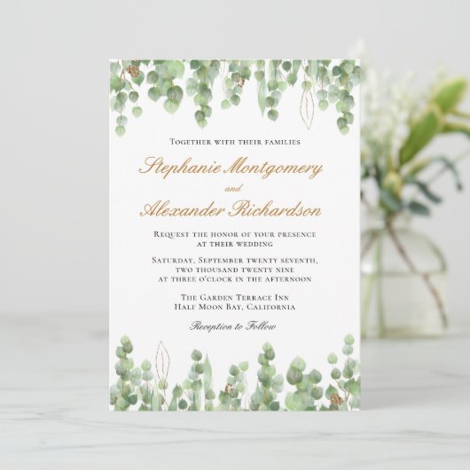 Invitation Elégant Eucalyptus Verdure Mariage Or (Debout devant)