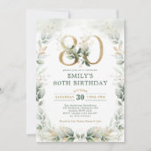 Invitation Elégant Eucalyptus Verdure Or 80e anniversaire (Devant)