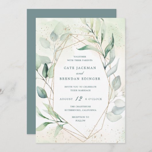 Invitation Elégant Eucalyptus Verdure Or Mariage géométrique (Devant / Derrière)