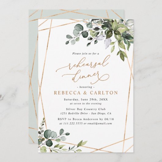 Invitation Elégant Eucalyptus Verdure Répétition Or Dîner (Devant / Derrière)
