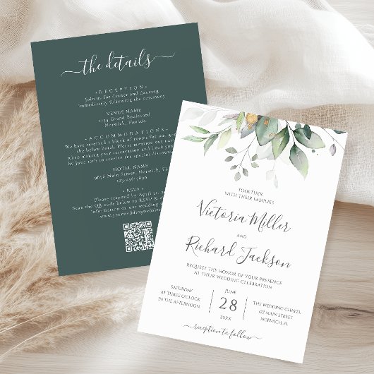 Invitation Elégant Eucalyptus Verdure Tout en un Mariage QR