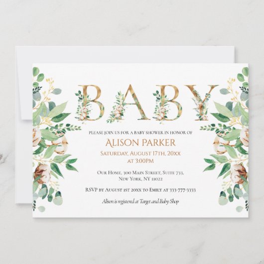 Invitation Elégant Eucalyptus Vert Alphabet Or (Devant)