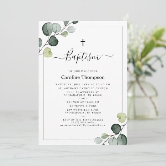 Invitation Elégant Eucalyptus Vert Baptême de la Marine (Debout devant)