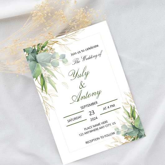 Invitation Élégant Eucalyptus Vert Botanique Or 