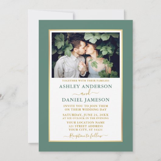 Invitation Elégant Eucalyptus Vert Mariage or moderne (Devant)