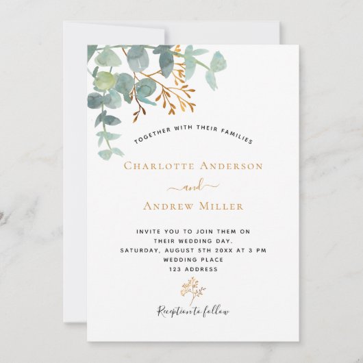 Invitation Elégant eucalyptus vert or moderne mariage (Devant)