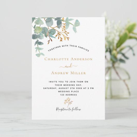 Invitation Elégant eucalyptus vert or moderne mariage (Debout devant)