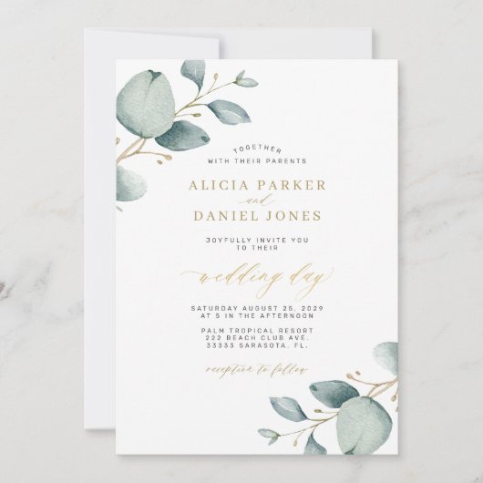 Invitation Elégant eucalyptus vert or QR RSVP mariage (Devant)