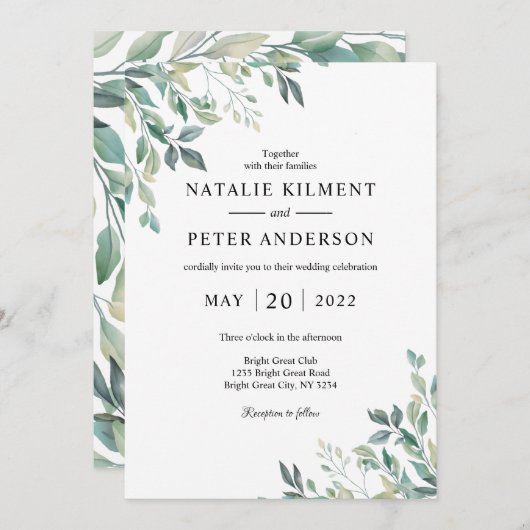 Invitation Elégant Eucalyptus Vert vert Rustique Mariage (Devant / Derrière)