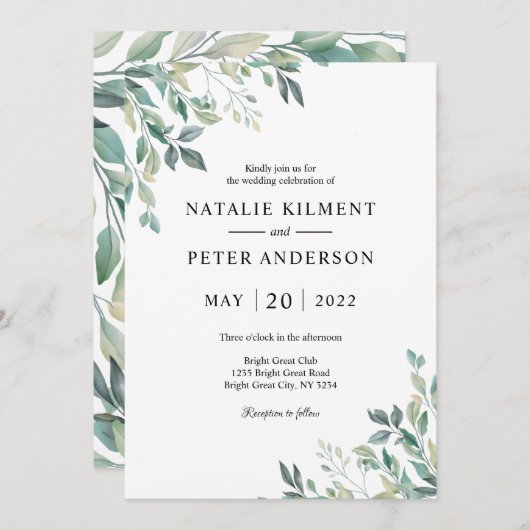 Invitation Elégant Eucalyptus Vert vert Rustique Mariage (Devant / Derrière)