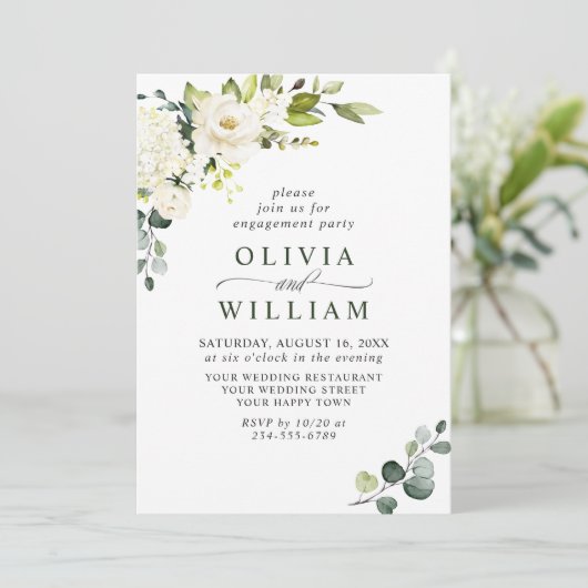 Invitation Elégant Eucalyptus White Roses ENGAGEMENT PARTI (Debout devant)