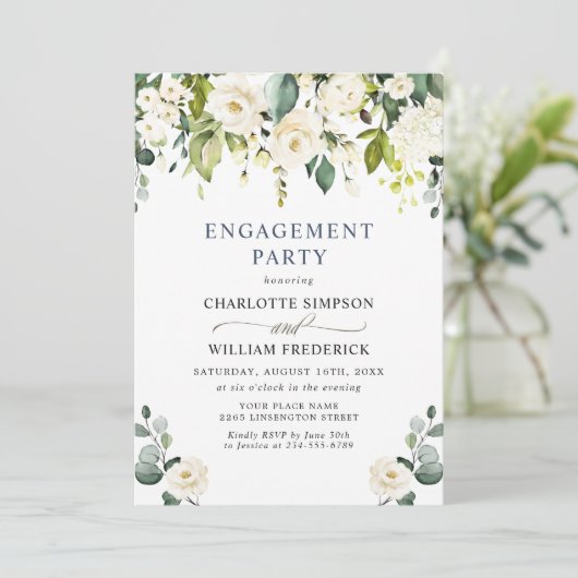 Invitation Elégant Eucalyptus White Roses ENGAGEMENT PARTI (Debout devant)
